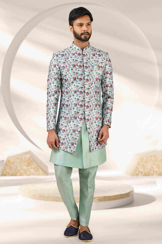 Men's Pista Green Art Banarasi Digital Printed Indo Western Set