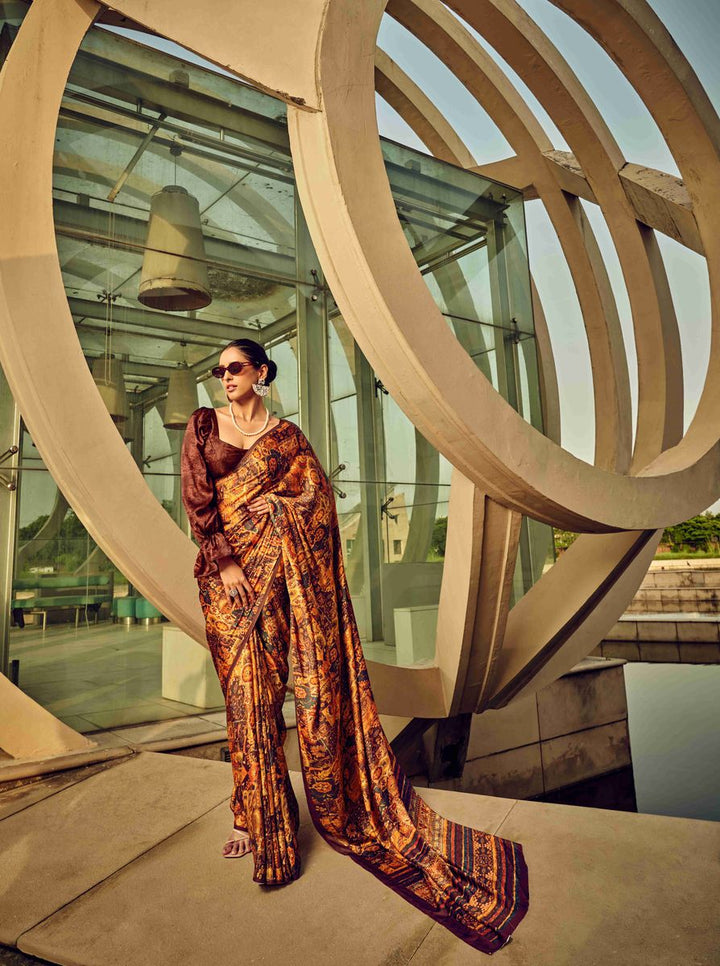 Brown Digital Printed Satin Silk Saree