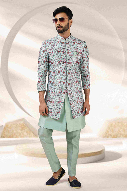 Men's Pista Green Art Banarasi Digital Printed Indo Western Set