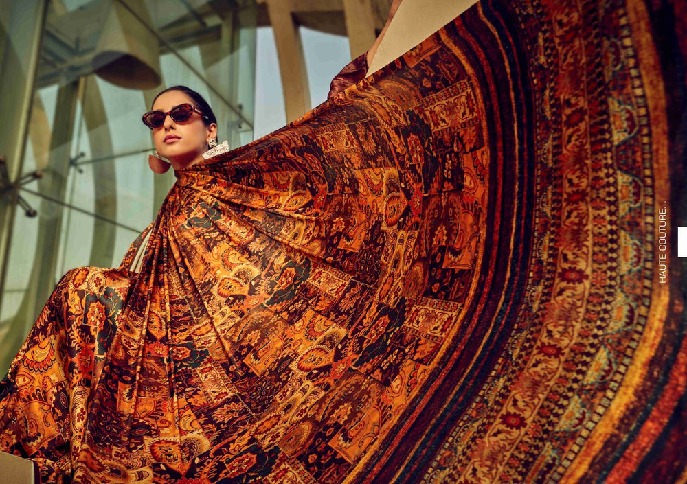 Elegant and stylish Brown Satin Silk Saree with intricate floral print