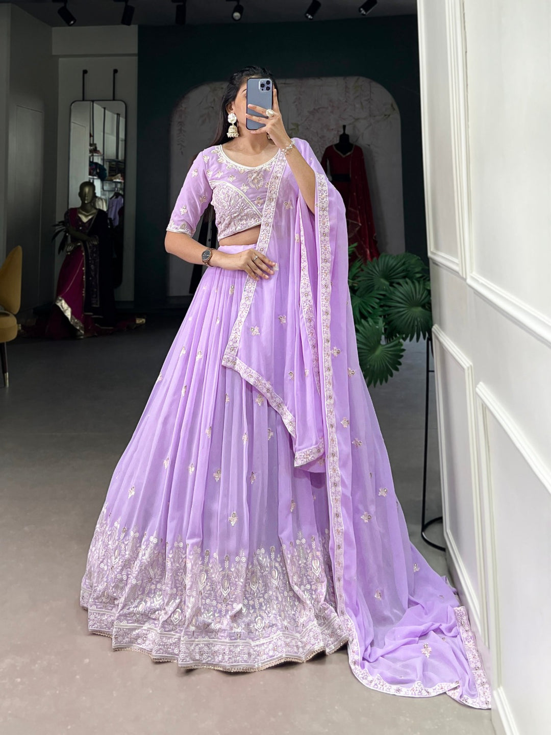 Lavender georgette lehenga with intricate sequins and thread embroidery work