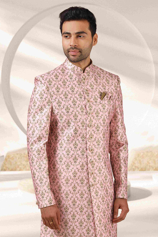 Men's Baby Pink Art Banarasi Digital Printed Sherwani Set