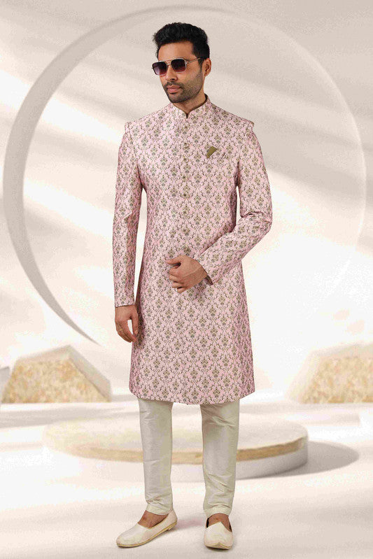 Men's Baby Pink Art Banarasi Digital Printed Sherwani Set