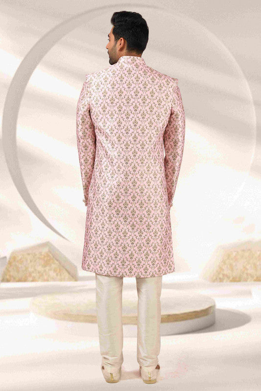 Men's Baby Pink Art Banarasi Digital Printed Sherwani Set
