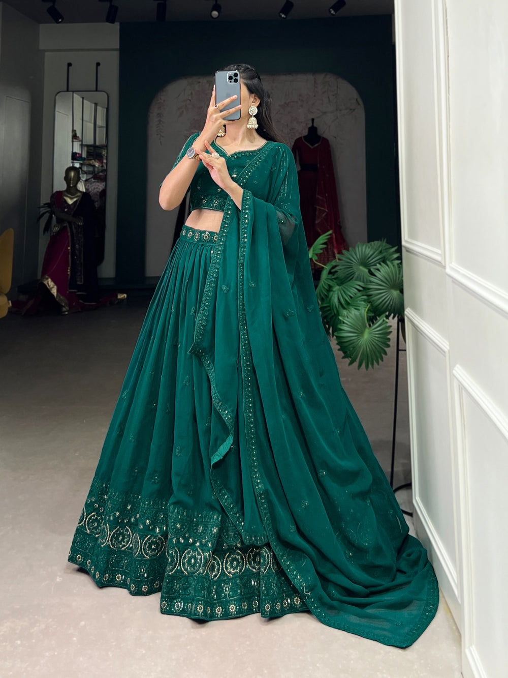 Elegant Green Georgette Lehenga with Shimmering Sequins and Floral Embroidery