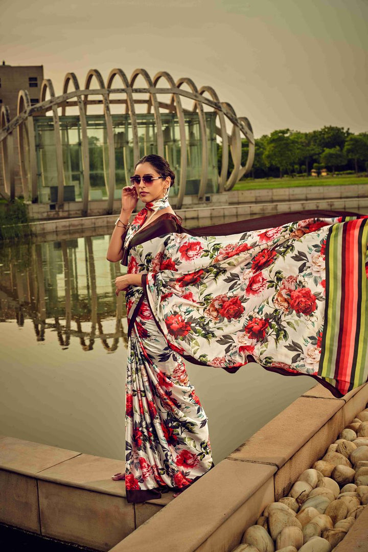 Rose Flower Digital Printed Satin Silk Saree