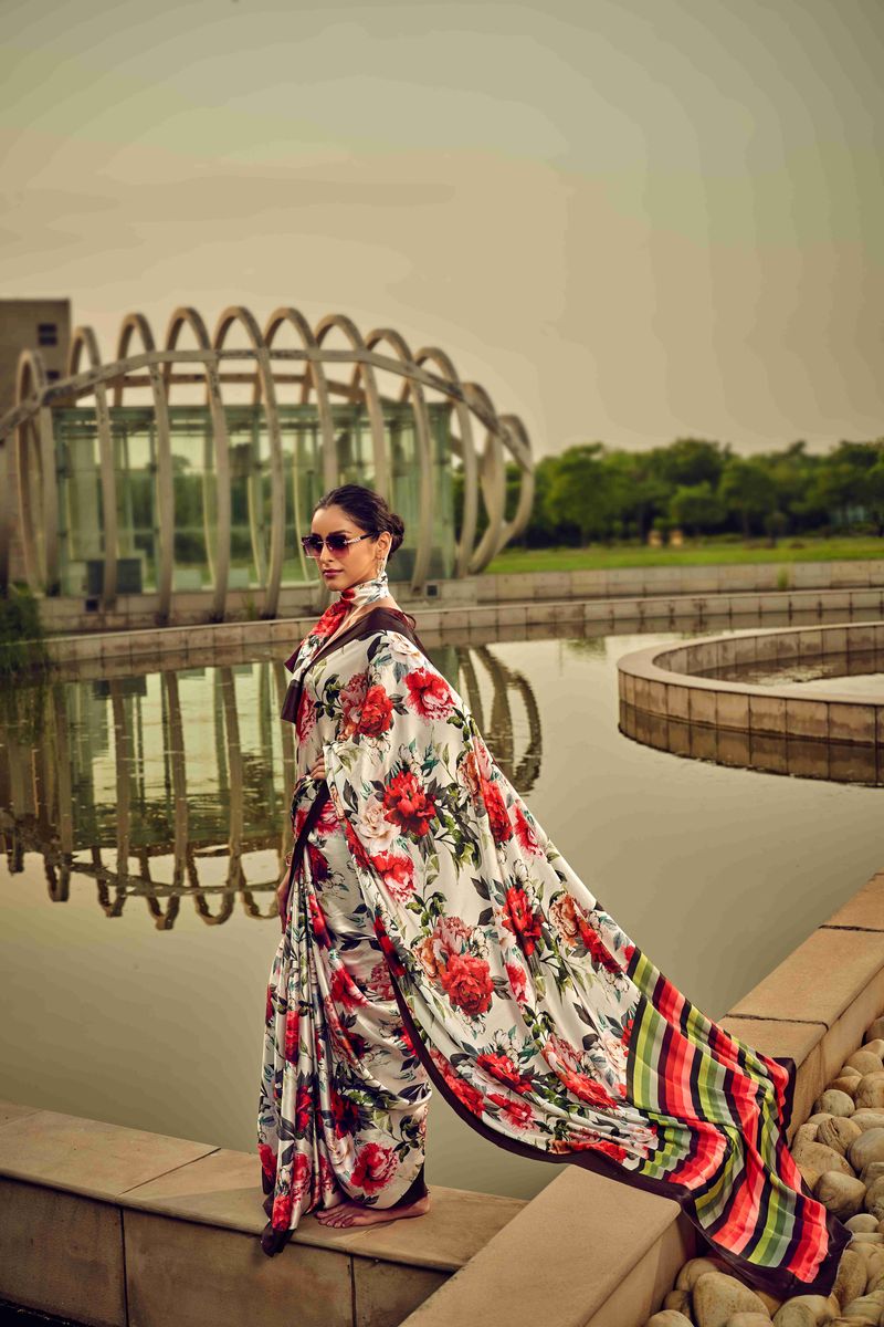 Rose Flower Digital Printed Satin Silk Saree