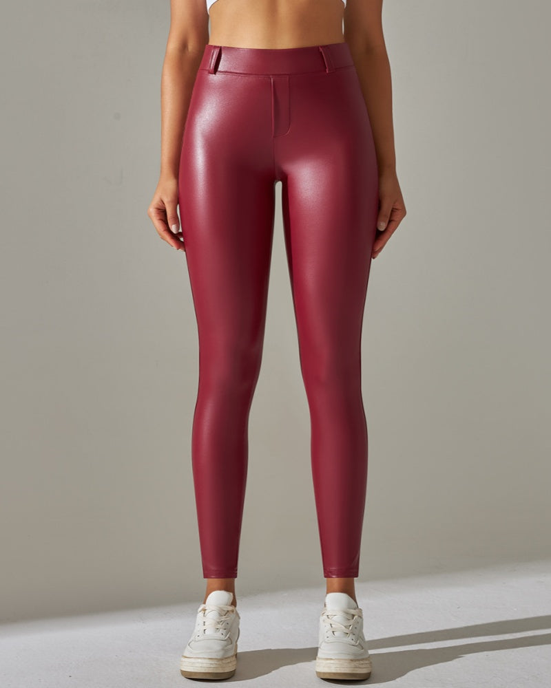 PU leather Pants High Waist Tight Sports Yoga Pants Slim  - By Qivii