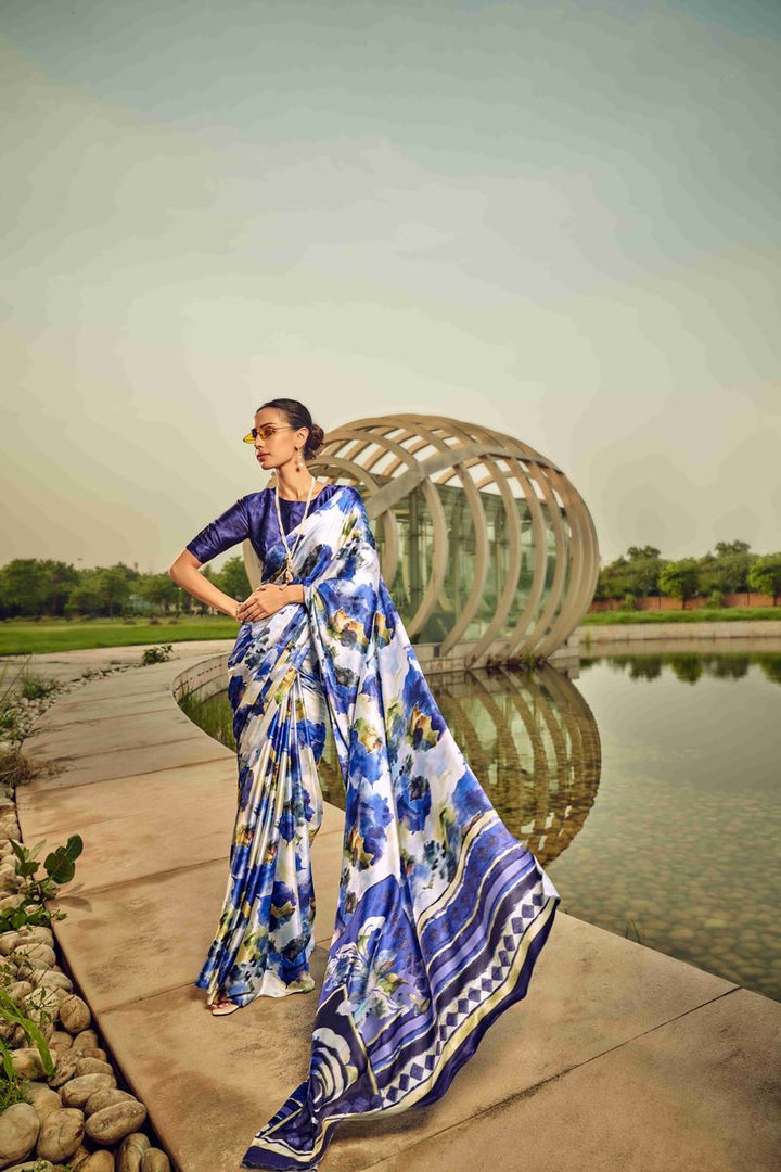 White & Blue Digital Printed Satin Silk Saree