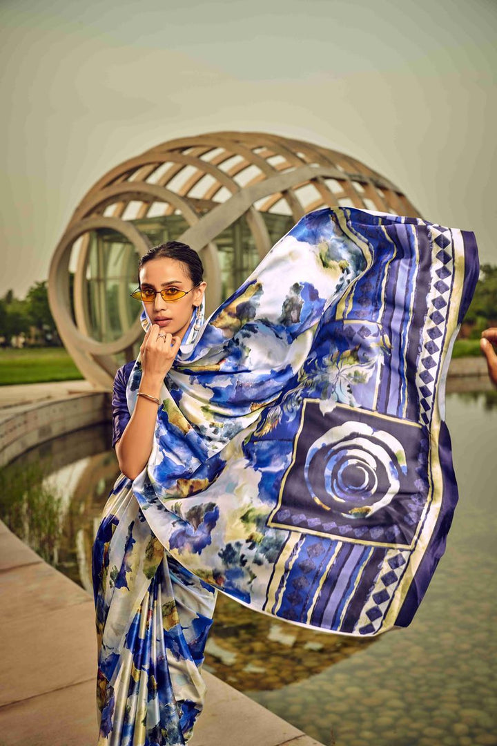 White & Blue Digital Printed Satin Silk Saree