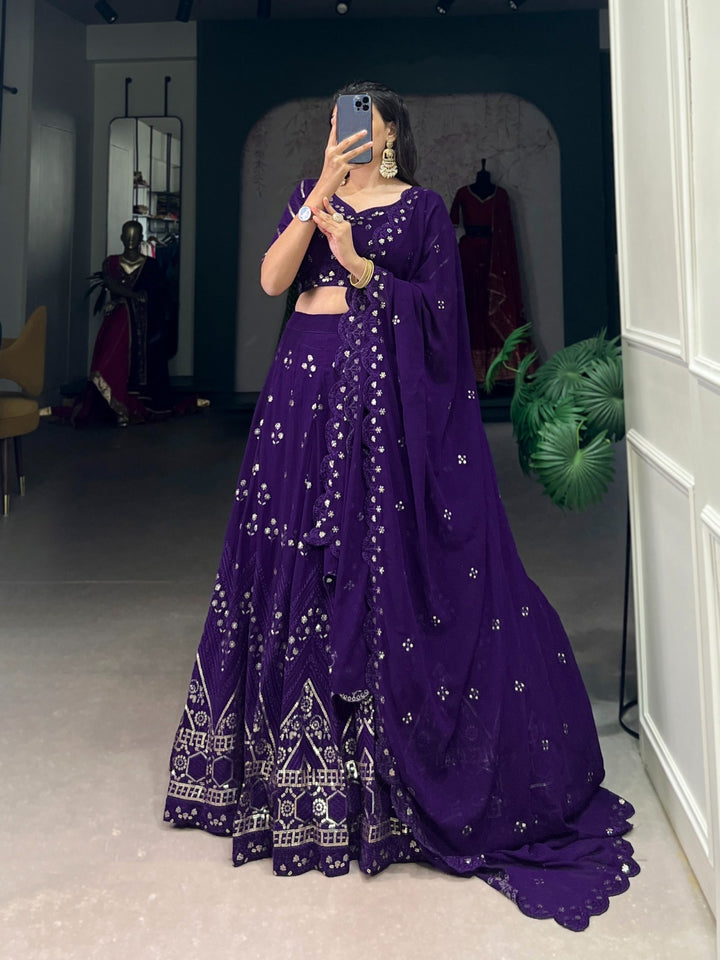 Purple Georgette Sequins and Thread Embroidery Work Lehenga