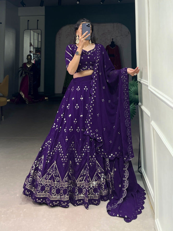 Purple Georgette Sequins and Thread Embroidery Work Lehenga