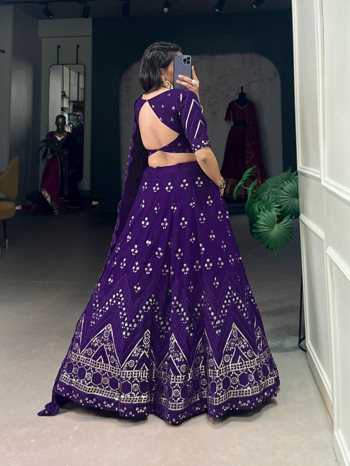 Purple Georgette Sequins and Thread Embroidery Work Lehenga