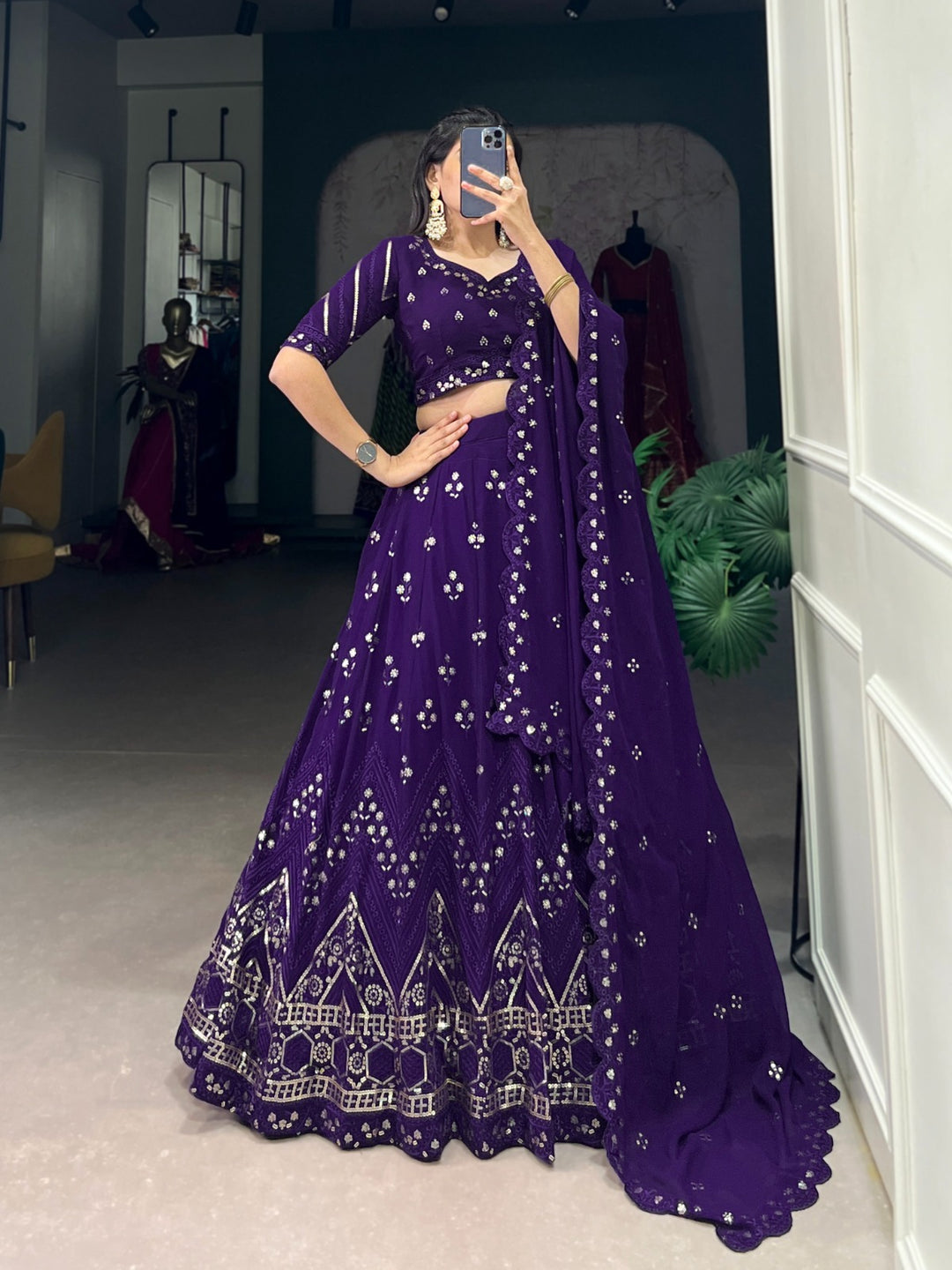 Purple Georgette Sequins and Thread Embroidery Work Lehenga