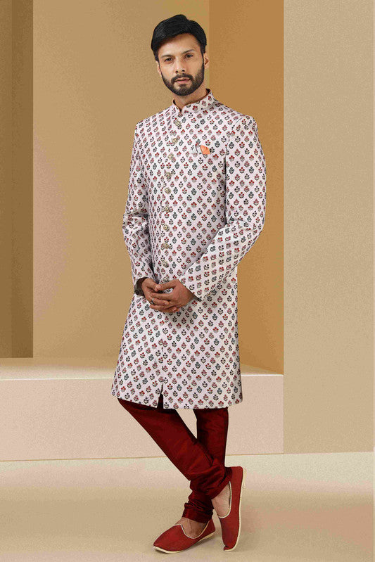 Men's Off White Art Banarasi Digital Printed Sherwani Set