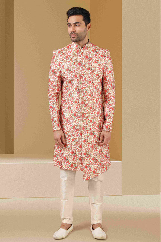 Men's Cream Orange Art Banarasi Digital Printed Sherwani Set