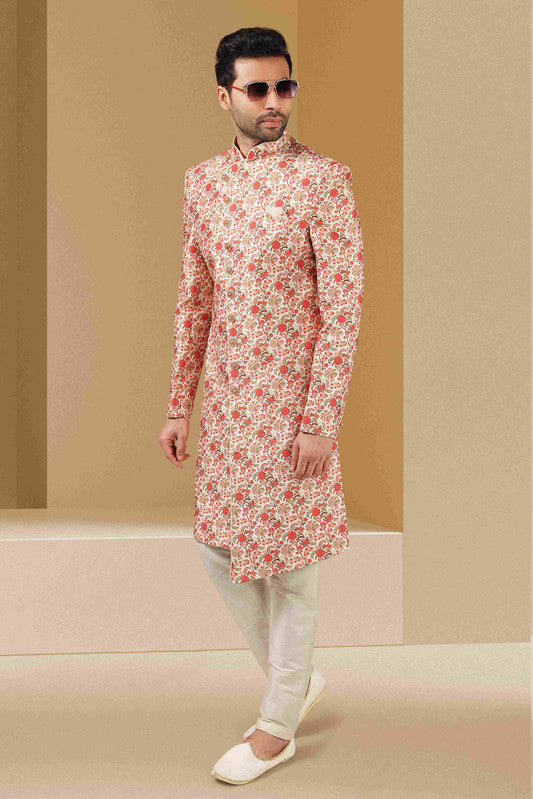 Men's Cream Orange Art Banarasi Digital Printed Sherwani Set