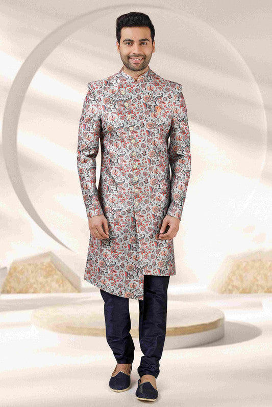 Men's Light Blue Art Banarasi Digital Printed Sherwani Set