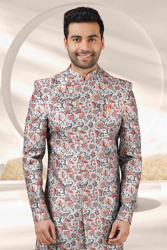 Men's Light Blue Art Banarasi Digital Printed Sherwani Set