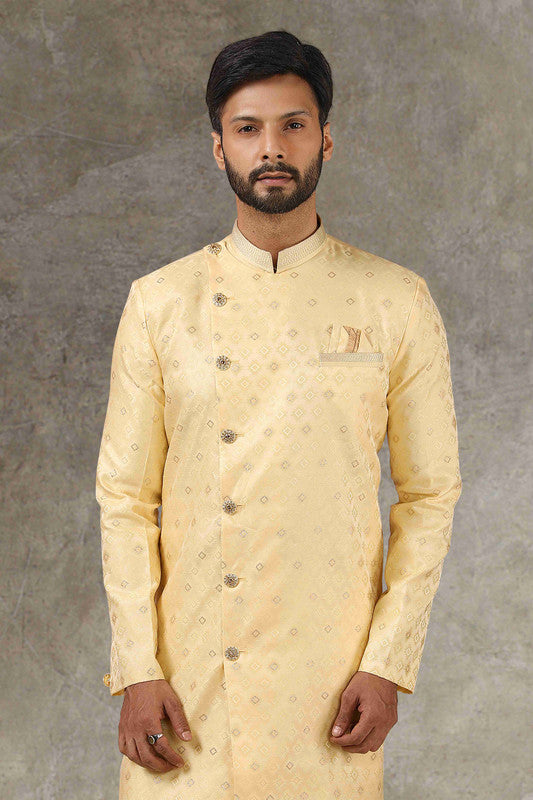 Men's Yellow Jacquard Silk Brocade Pintux Work Indo Western Set