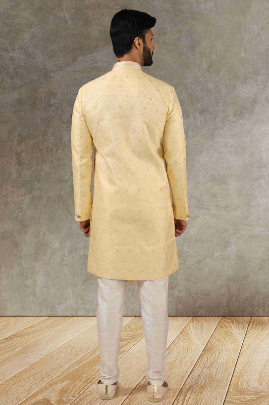 Men's Yellow Jacquard Silk Brocade Pintux Work Indo Western Set