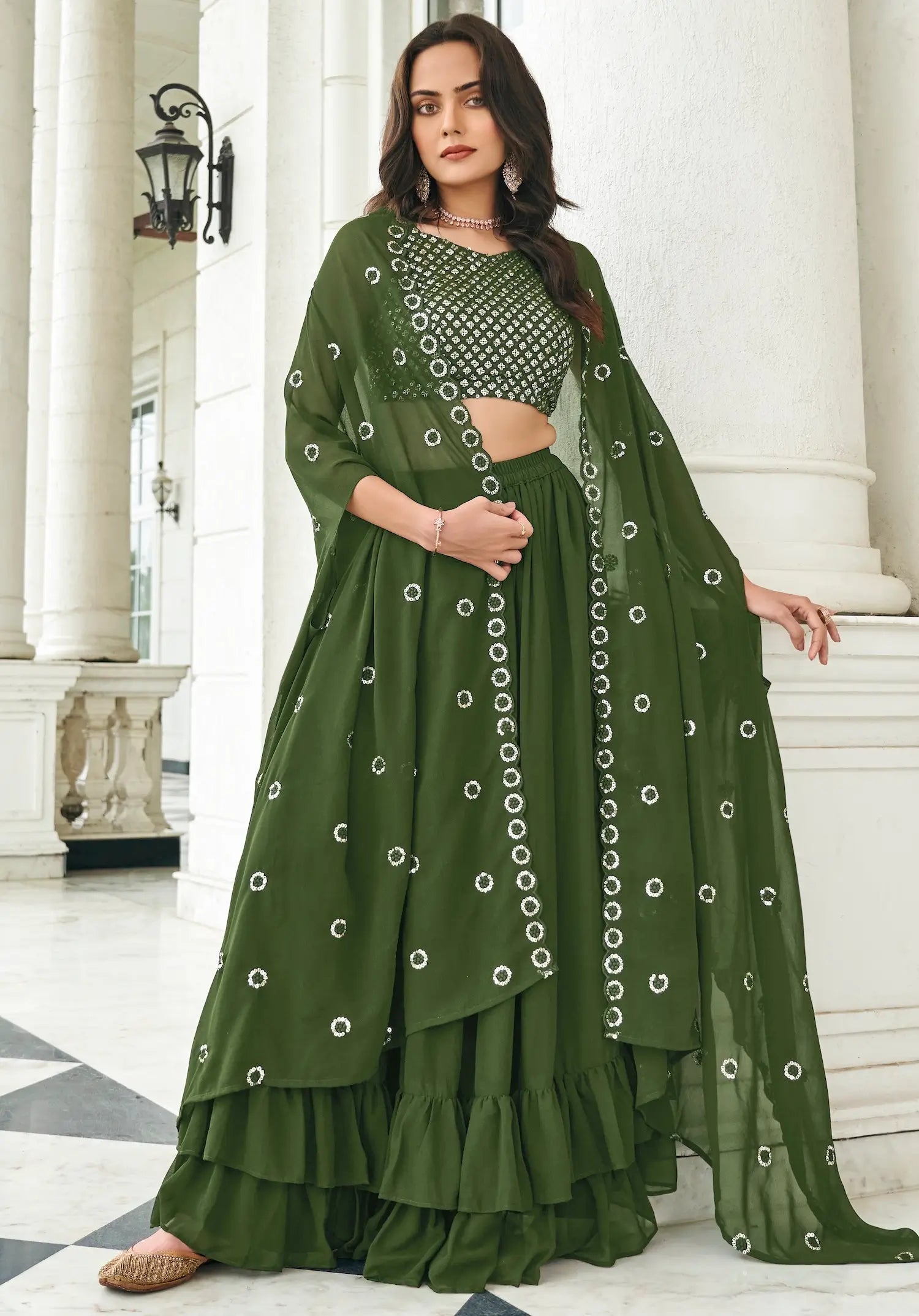 Olive Green Georgette Thread & Sequence Embroidery Work Indo Western Lehenga Choli | Ready To Wear - qivii