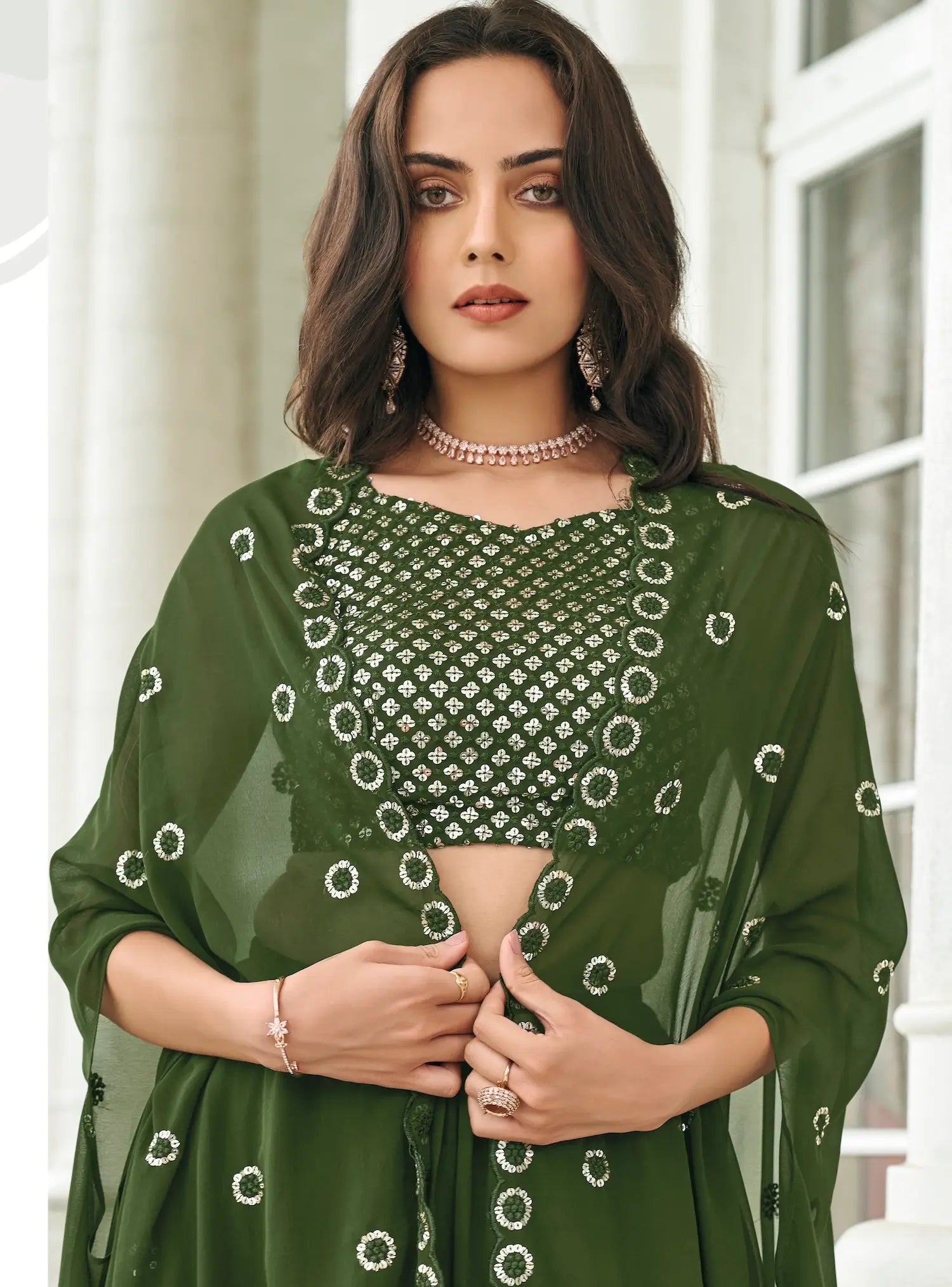 Olive Green Georgette Thread & Sequence Embroidery Work Indo Western Lehenga Choli | Ready To Wear - qivii