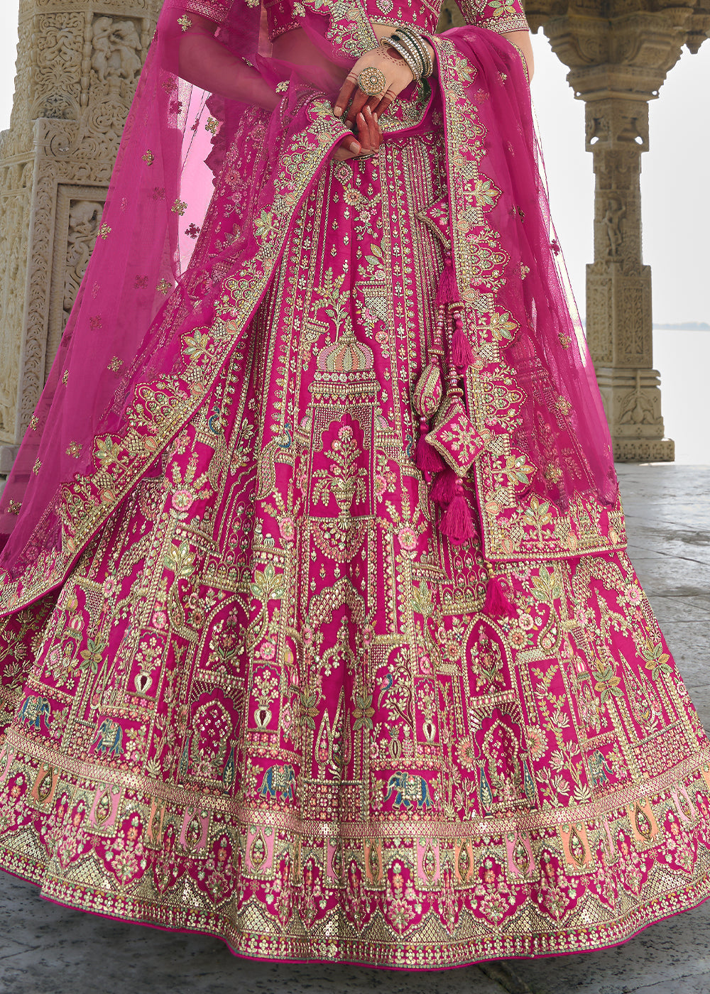 Pink Silk Multi-Color Thread,Zarkan Elephant Motif Hand Work Embroidered Bridal Semi Stitched Lehenga with Single Pink Color Dupatta