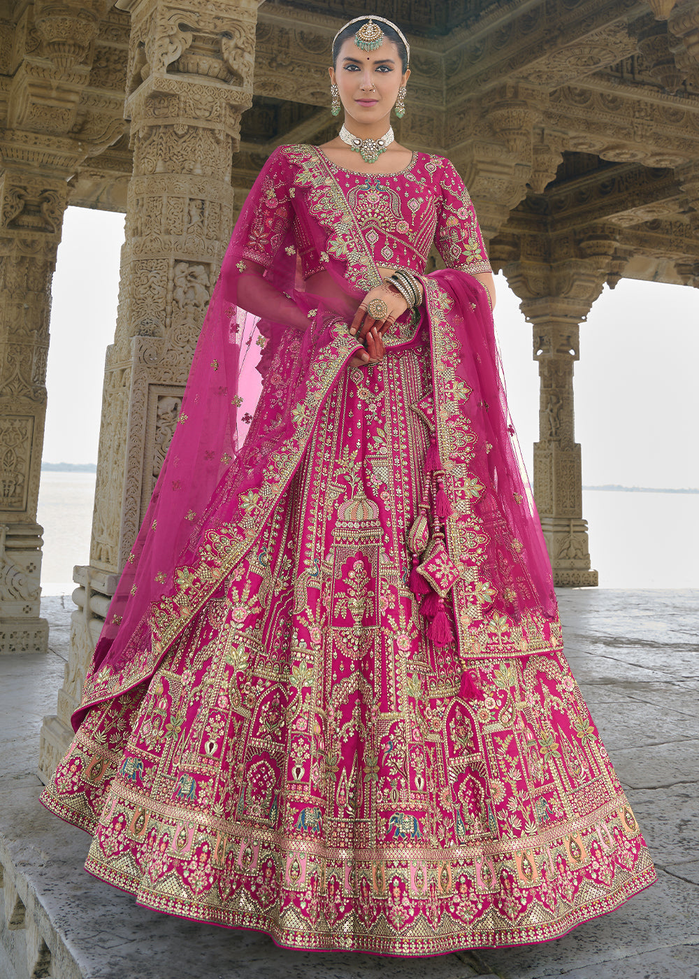 Pink Silk Multi-Color Thread,Zarkan Elephant Motif Hand Work Embroidered Bridal Semi Stitched Lehenga with Single Pink Color Dupatta