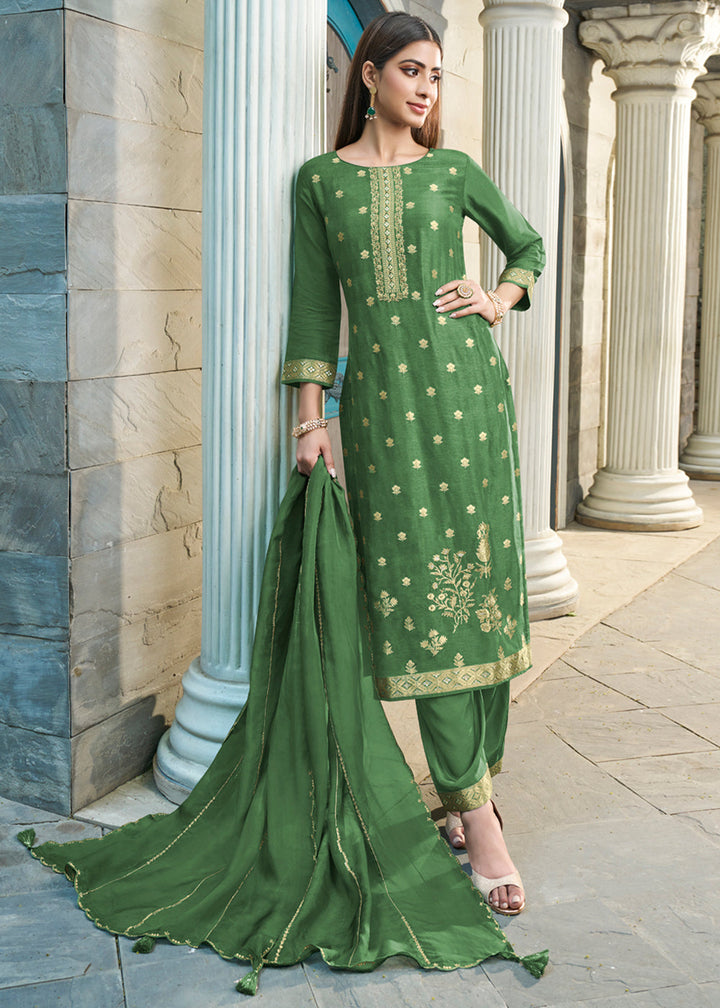 Sap Green Dola Silk Kurta paired with Santoon Straight Pants and Organza Dupatta