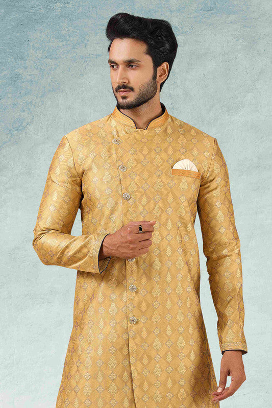 Men's Beige Jacquard Silk Brocade Pintux Work Indo Western Set