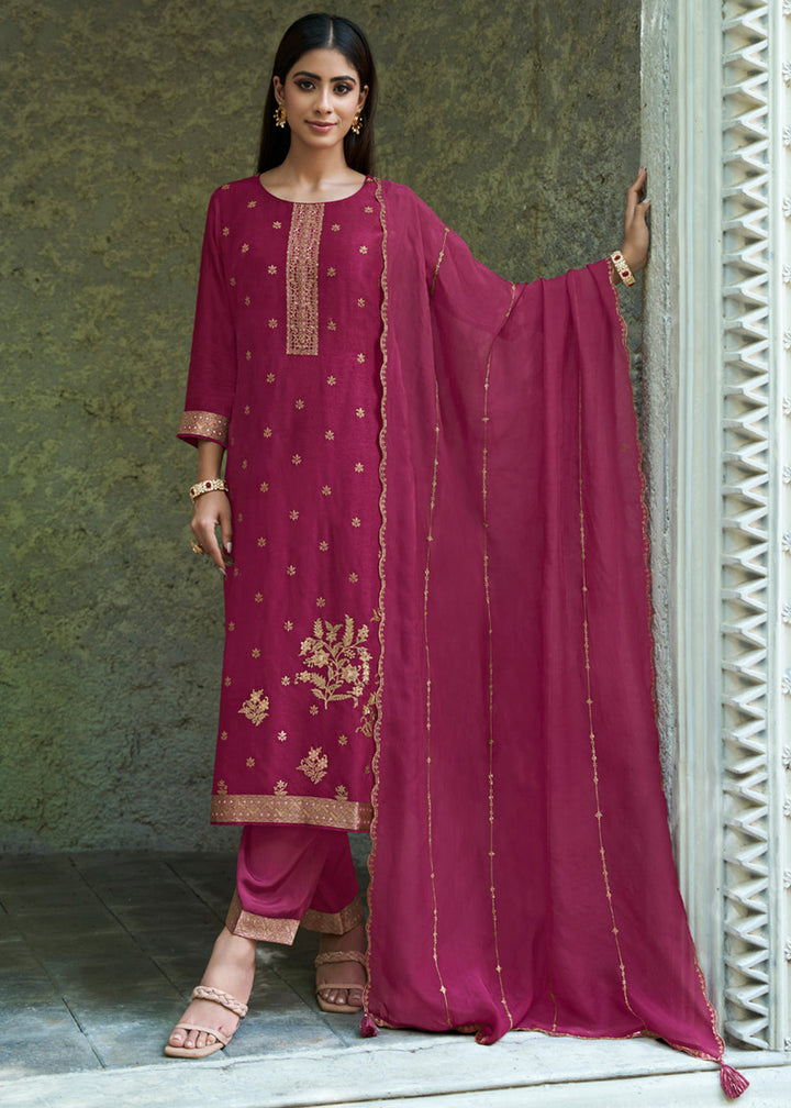 Light Wine Purple Dola Silk Kurta . Paired with Santoon Straight Pants and Organza Dupatta