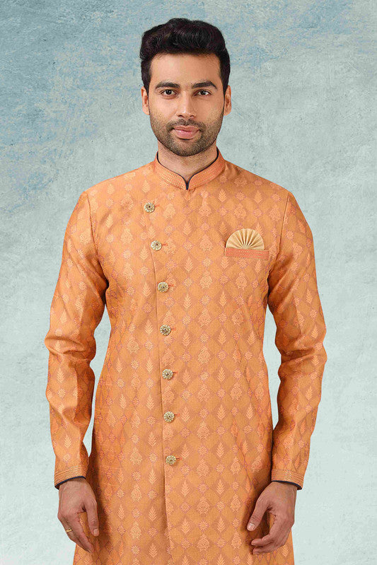 Men's Peach Jacquard Silk Brocade Pintux Work Indo Western Set