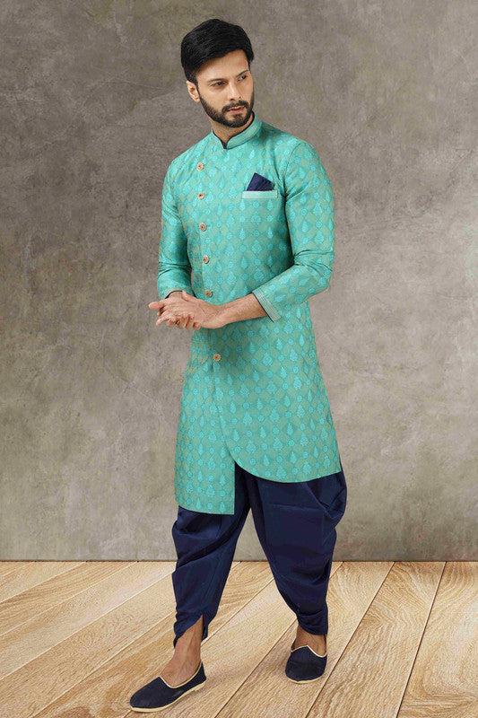 Men's Rama Green Jacquard Silk Brocade Pintux Work Indo Western Set