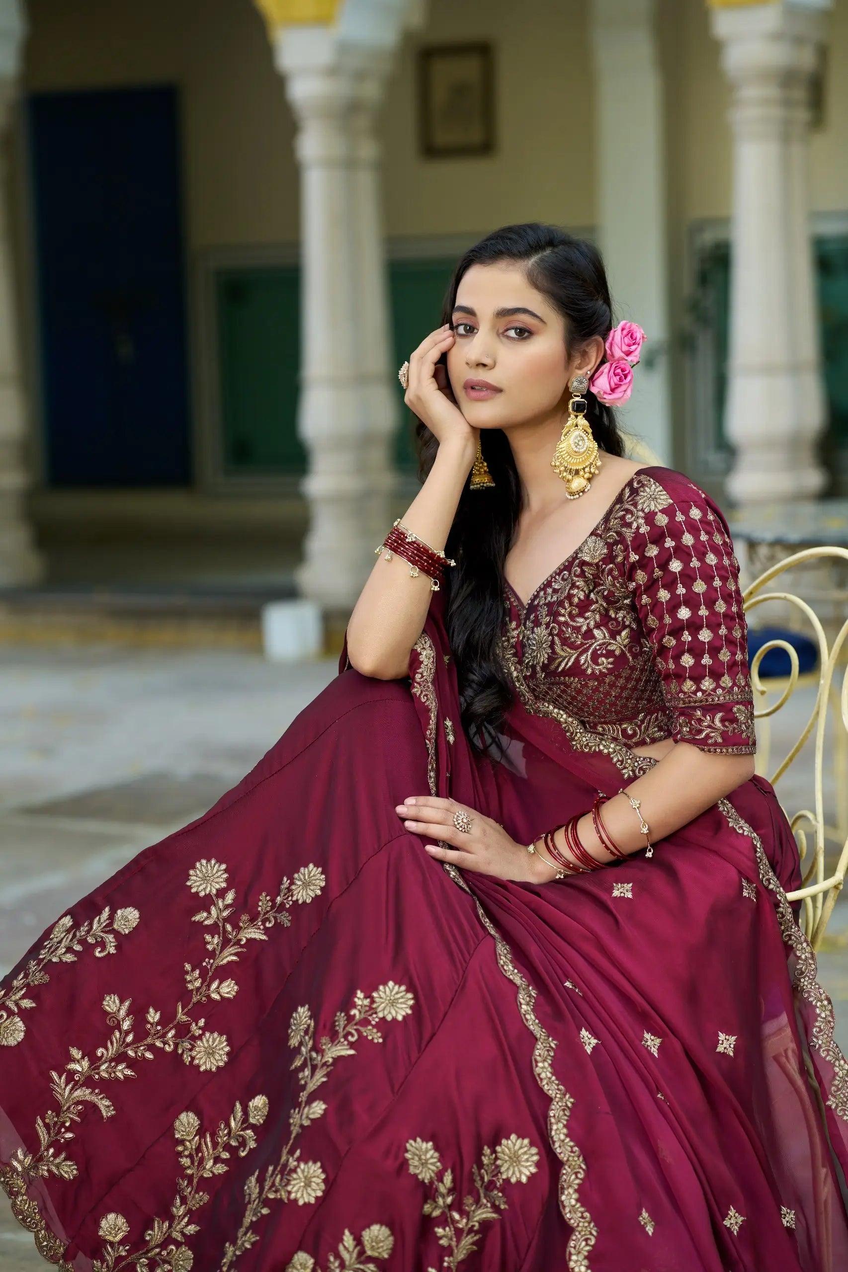 Dark Maroon Embroidered Lehenga Choli