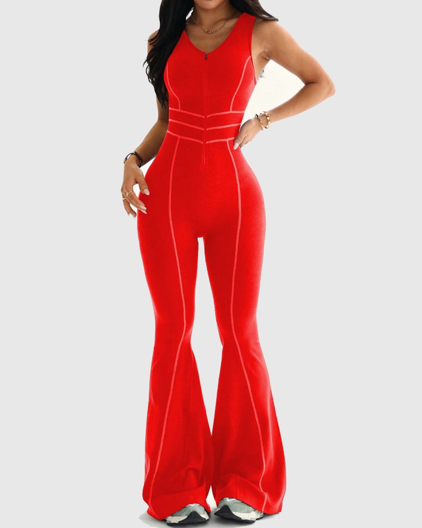 Front Zipper  Cutout Back Sleeveless Flare Leg Slim-fit Jumpsuit  - By Qivii
