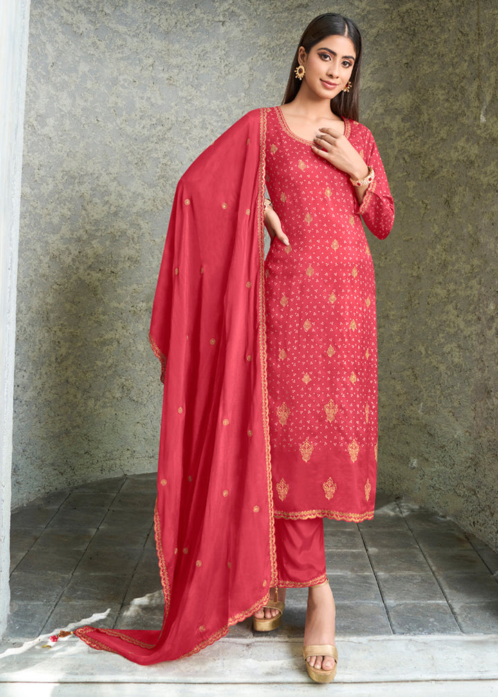 Salsa Red Dola Silk Kurta with Bandhni Print & Zari Work. Paired with Santoon Straight Pants and Chinon Dupatta