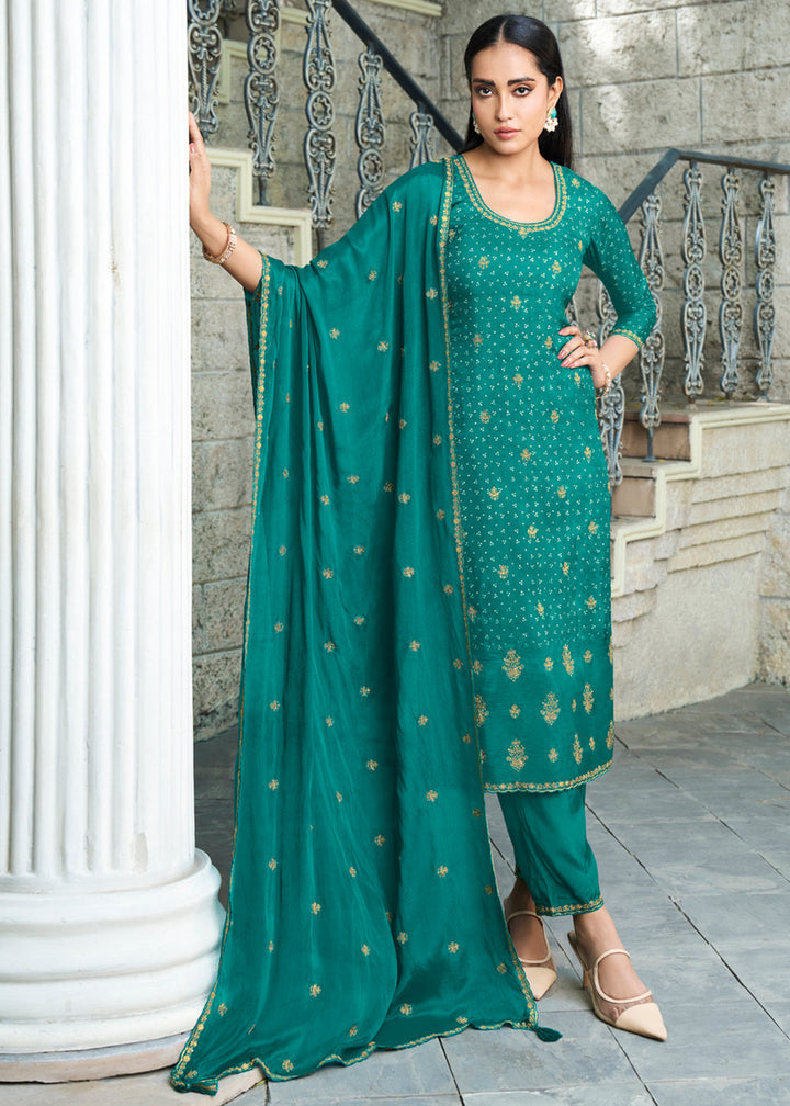 Sea Green Dola Silk Kurta with Bandhni Print & Zari Work. Paired with Santoon Straight Pants and Chinon Dupatta