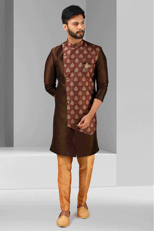Men's Brown Art Silk Printed Work Indo Western Set