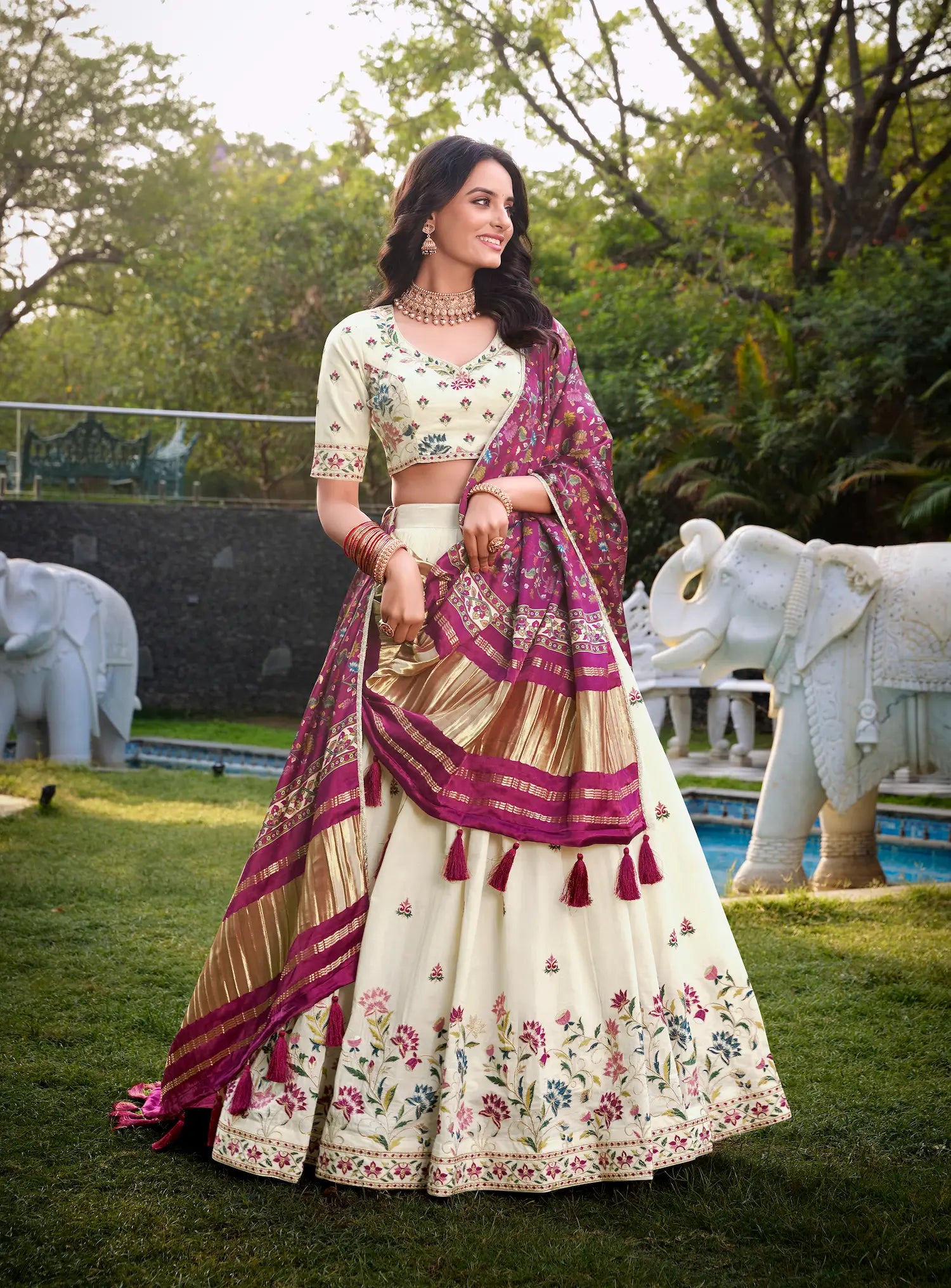 Off White Khadi Cotton Lehenga Choli With Magenta Pink Gaji Silk Dupatta - qivii