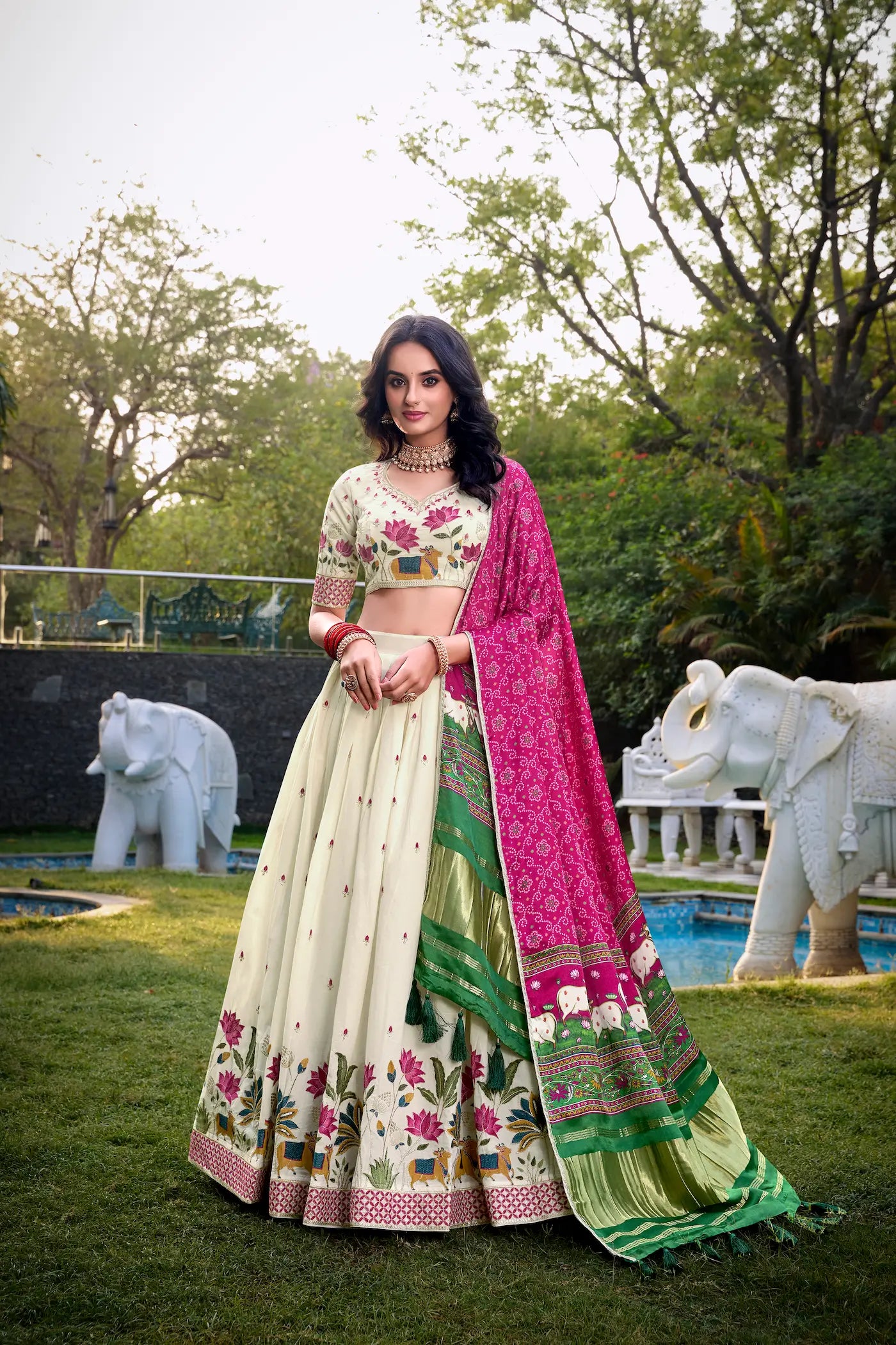 Off White Khadi Cotton Lehenga Choli With Hot Pink Gaji Silk Dupatta - qivii