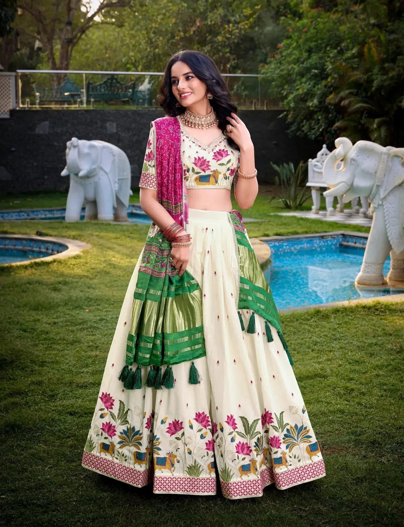 Off White Khadi Cotton Lehenga Choli With Hot Pink Gaji Silk Dupatta - qivii