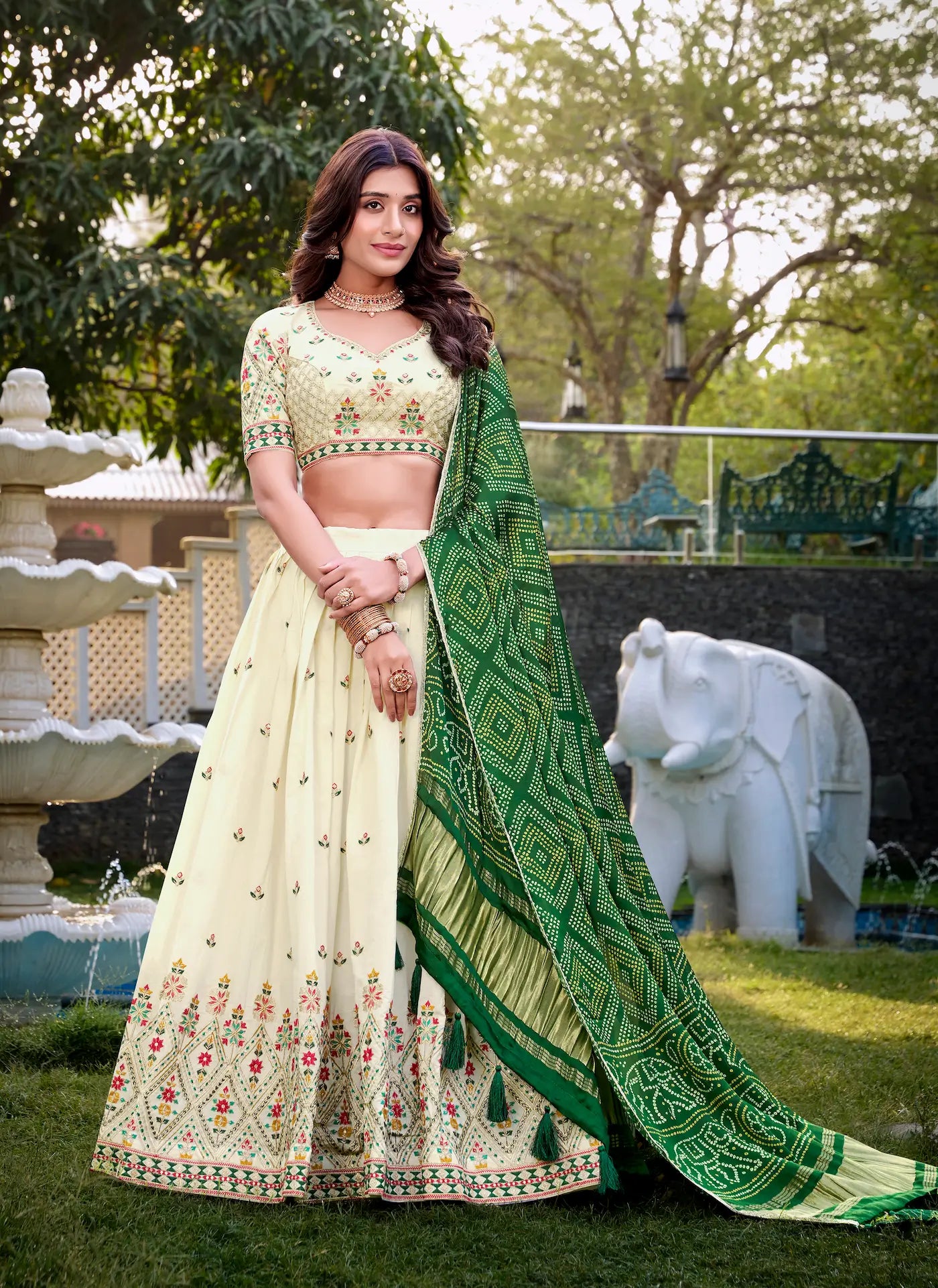 Off White Khadi Cotton Lehenga Choli With Green Gaji Silk Dupatta - qivii