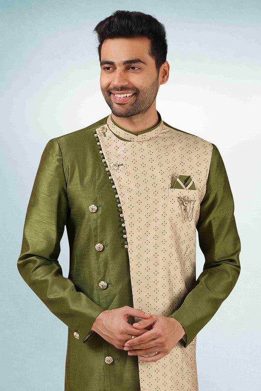 Men's Green Art Silk Printed Work Indo Western Set