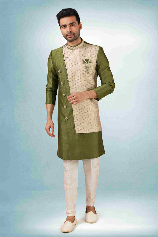 Men's Green Art Silk Printed Work Indo Western Set