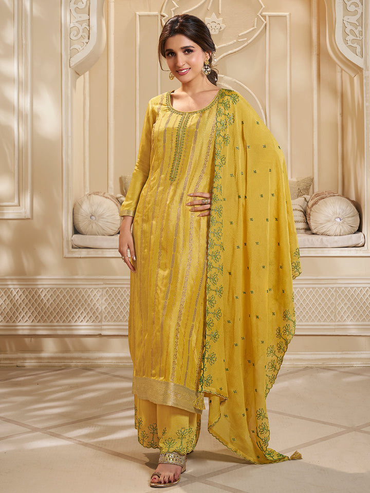 Yellow Dola Silk Palazzo Suit Set with Zari and Self Weave Top by Qivii