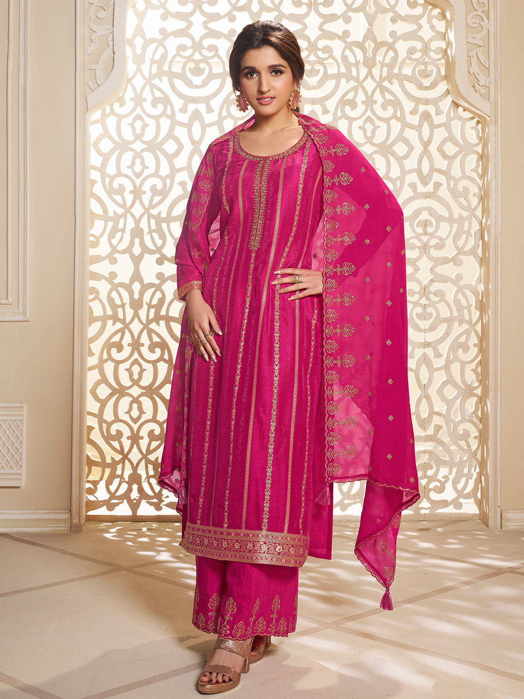 Pink Dola Silk Palazzo Suit Set with Zari and Self Weave Top - qivii