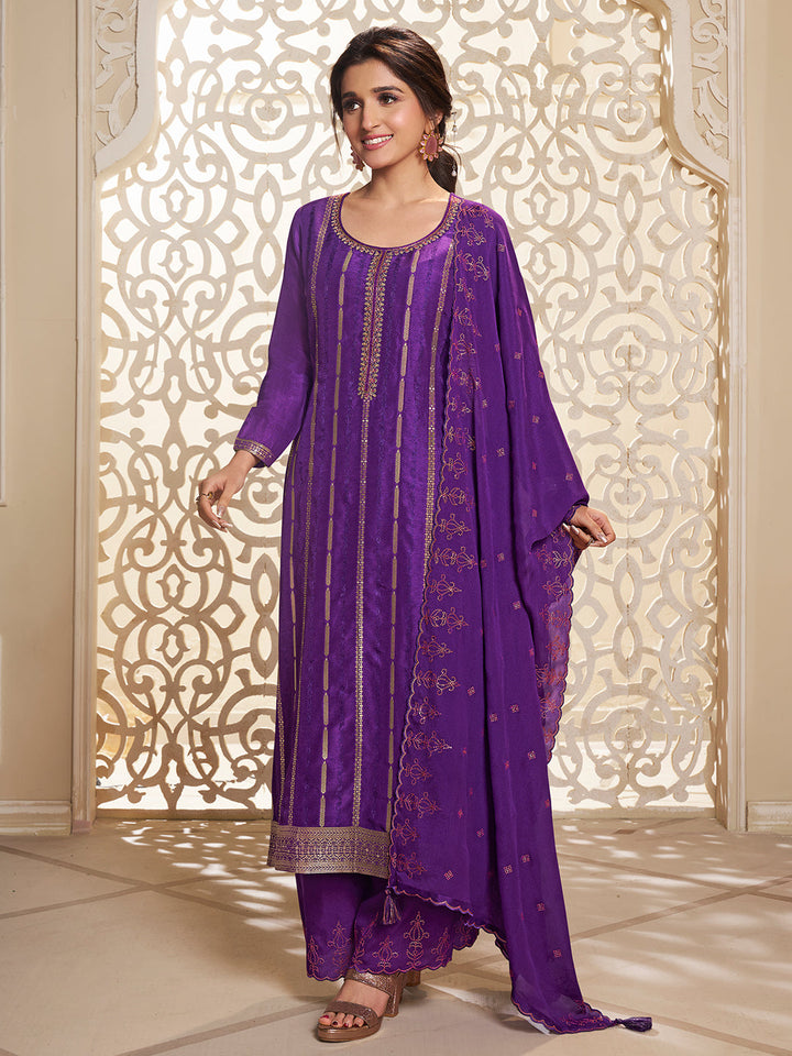 Purple Dola Silk Palazzo Suit Set with Zari and Self Weave Top by Qivii