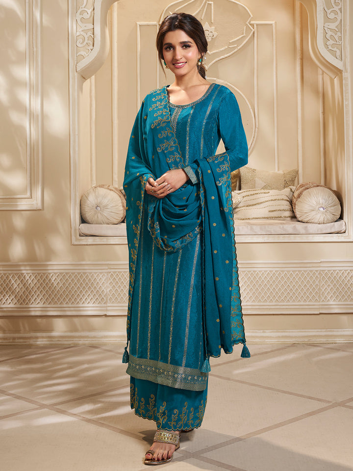 Blue Dola Silk Zari Palazzo Suit Set by Qivii