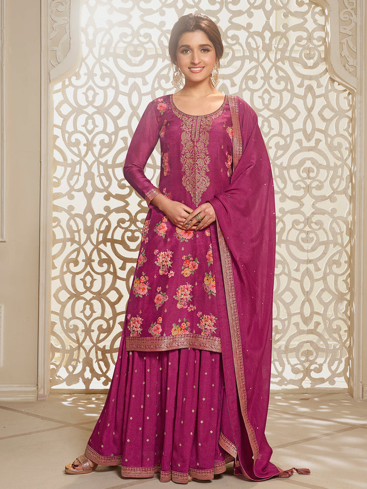 Hot Pink Dola Jacquard Digital Floral Printed Sharara Suit Set by Qivii